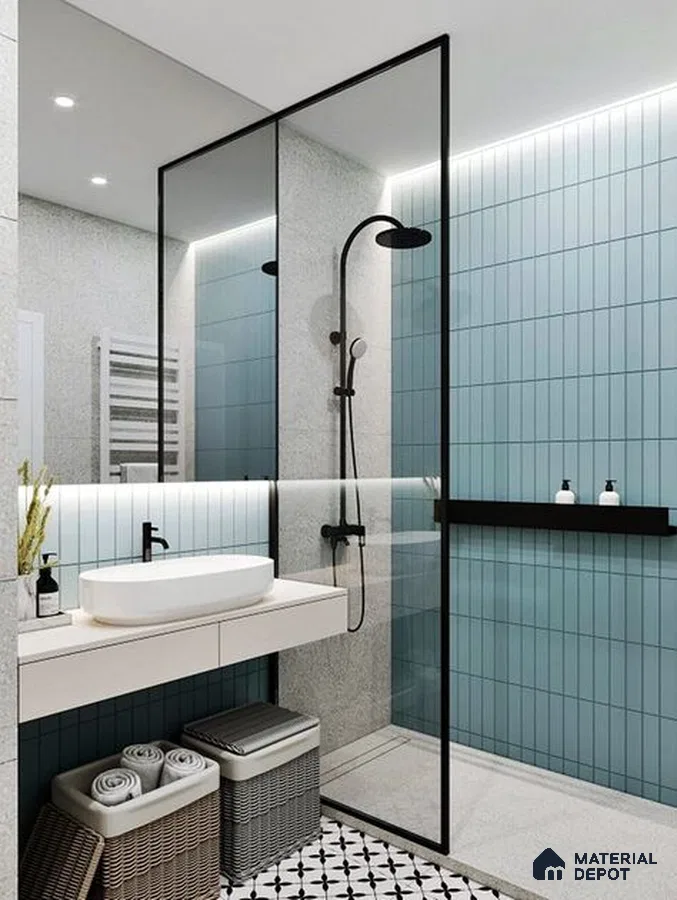 A bathroom with a large tub in the middle of the room and two sinks and two sinks on the wall next to a bathtub in front of a white wall next to a wooden stool in a white